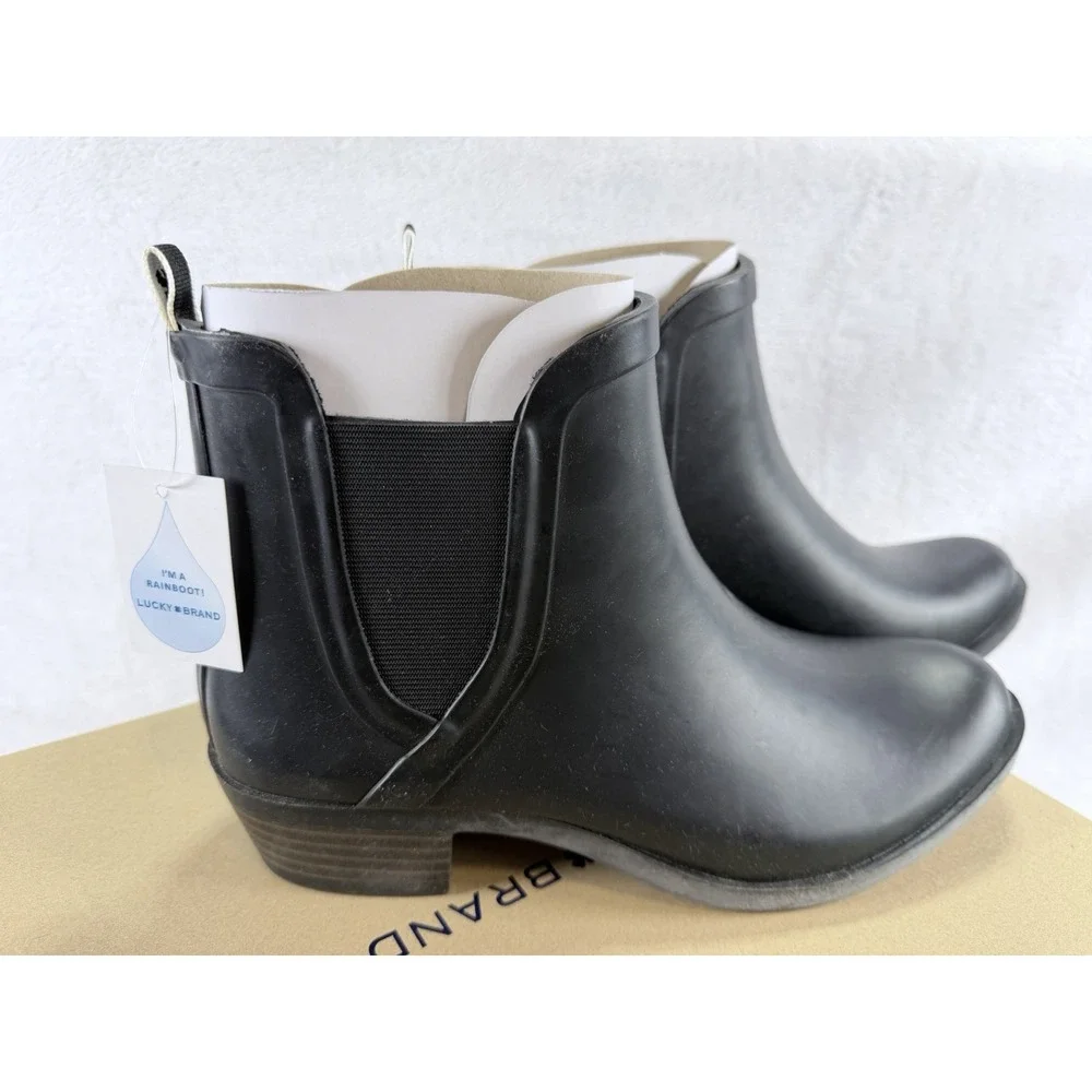 Lucky Brand Basel H2O Black Rubber Rain Boots Chelsea Ankle Booties Women's 8M
